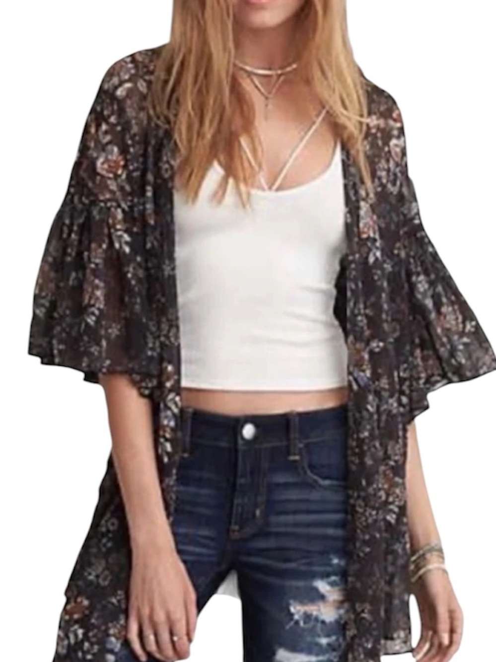 American Eagle Navy Blue Floral Flutter Sleeve Kimono Cardigan M